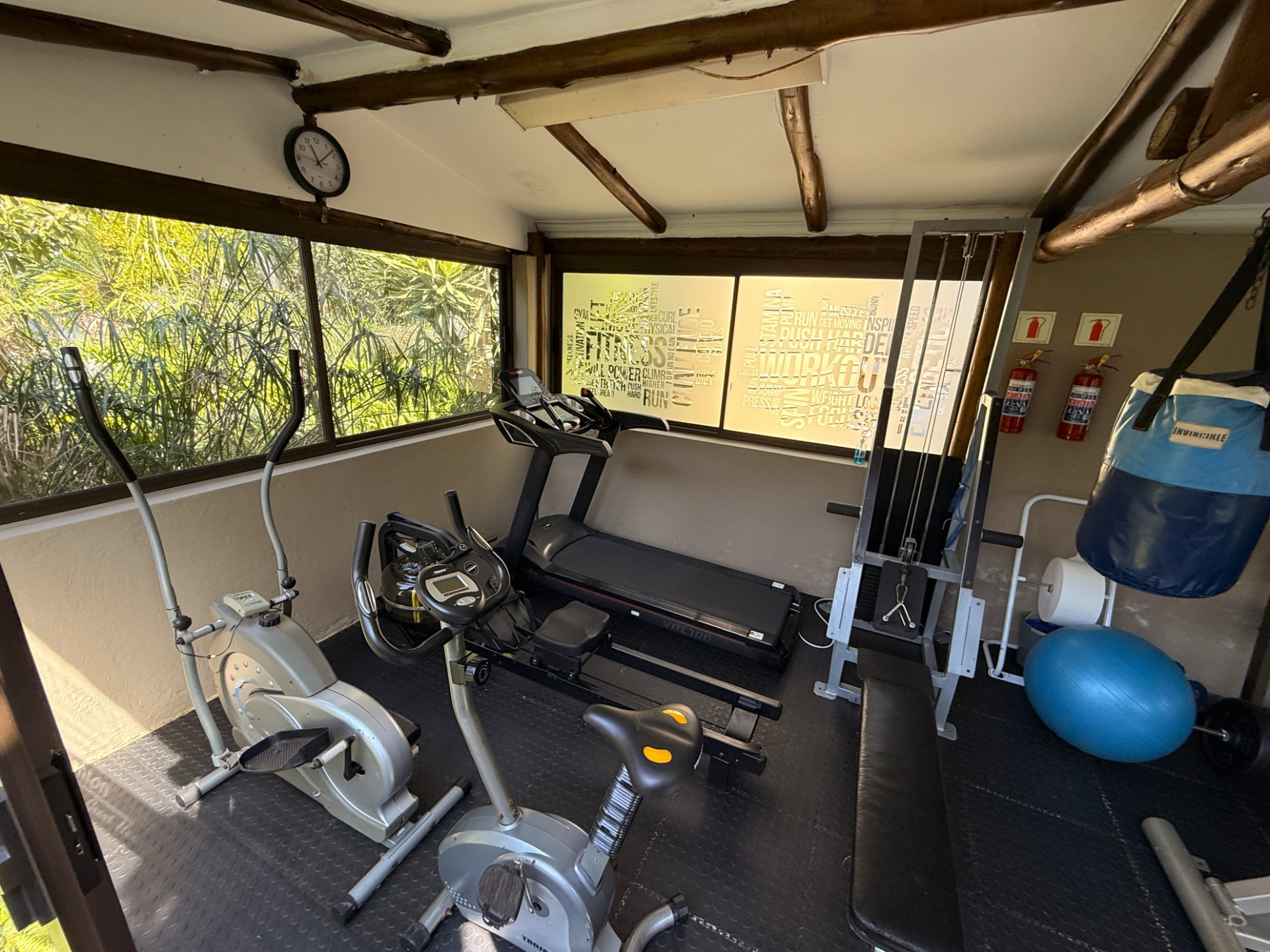 Treadmill, upright exercise bike and elliptical trainer beside garden windows in the Dunton gym