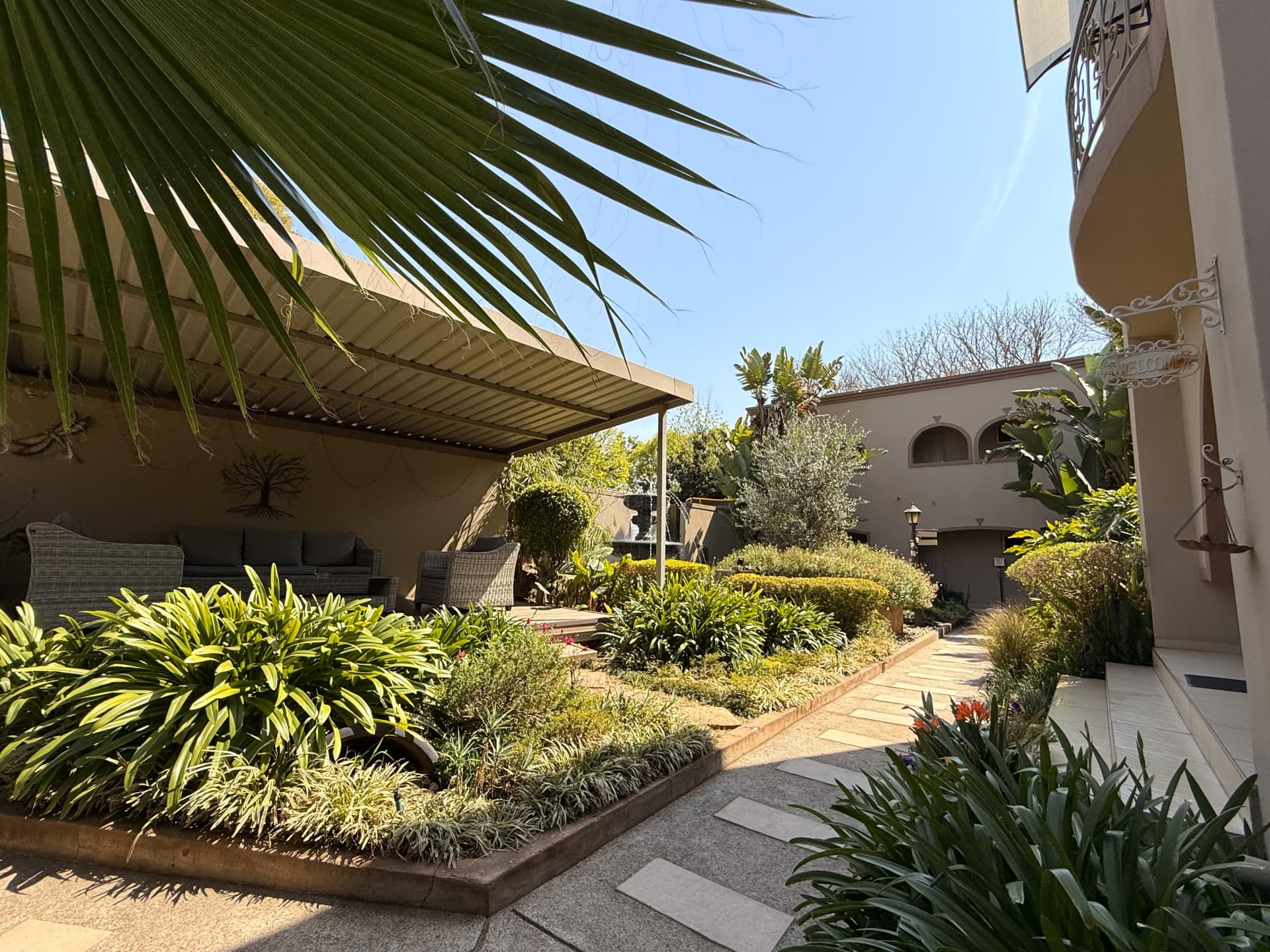 A garden path at Dunton framed by palm leaves and dense planting