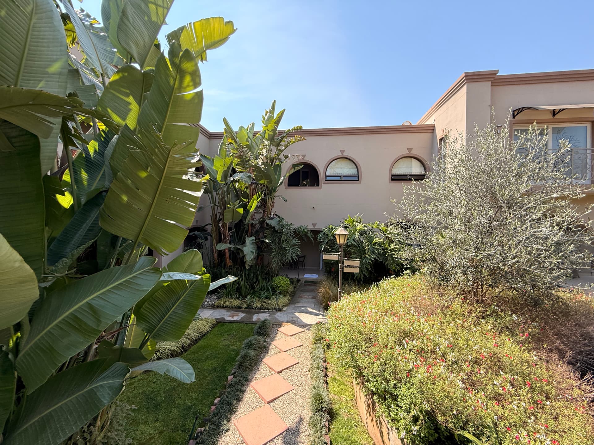 Courtyard garden at Dunton with banana plants, arched windows and a stepping-stone path